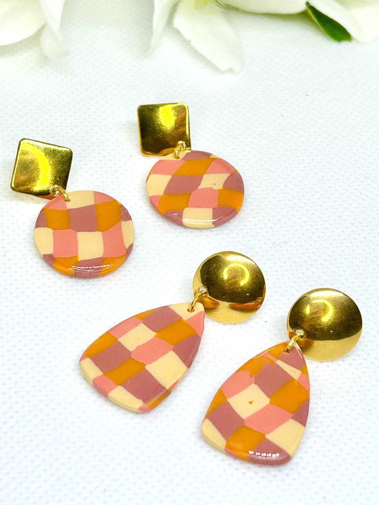 Orange and pink 1960s style polymer clay earrings with golden hardware