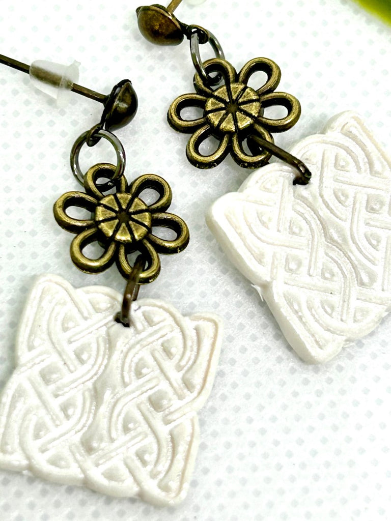 Antique Bronze and White Celtic Polymer Clay Earrings with Flower Connectors