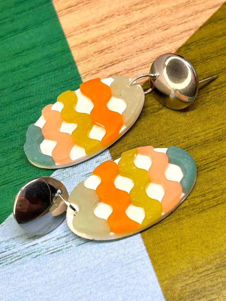Retro colourful long oval polymer clay earrings with round silver stud