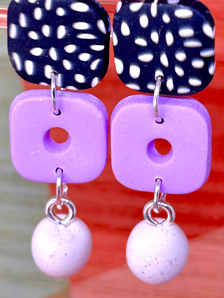 Black and white polka dot and purple polymer clay earrings (3 variations)