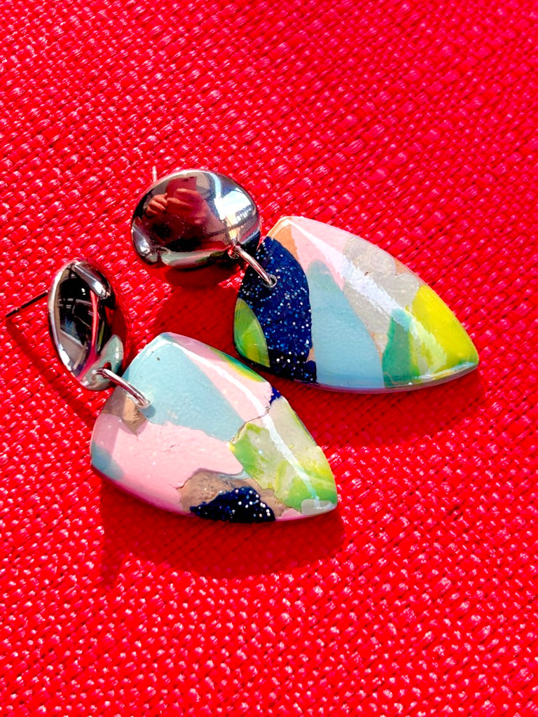 Colorful artsy handcrafted polymer clay drop earrings with silver-tone studs