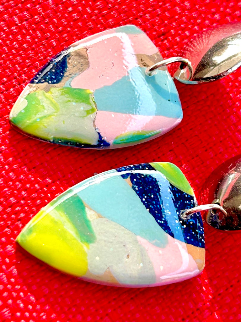 Colorful artsy handcrafted polymer clay drop earrings with silver-tone studs