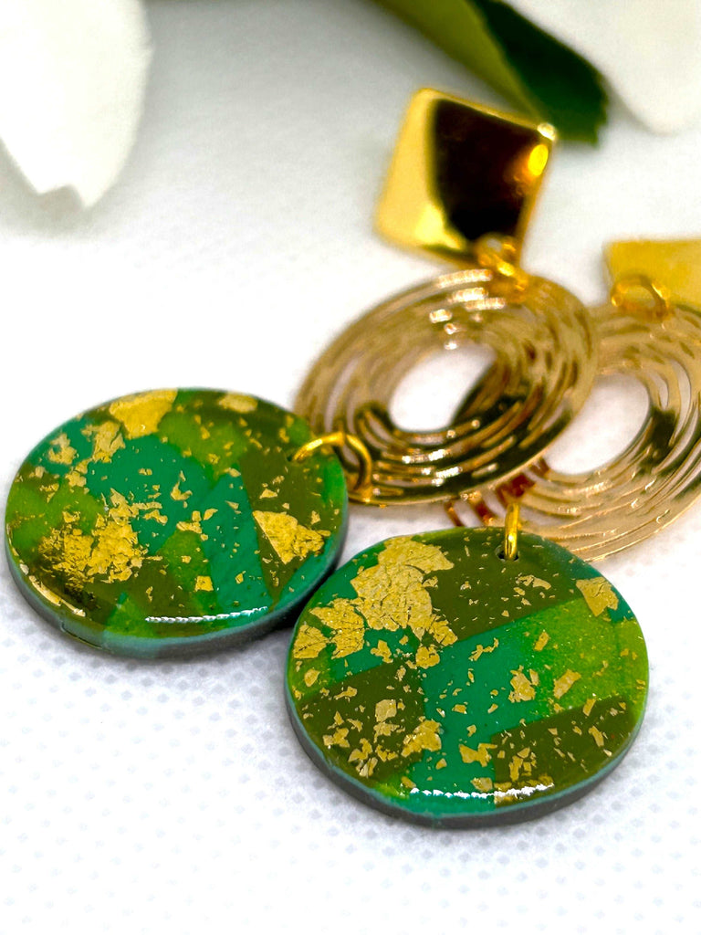 Green and Gold Polymer Clay Rounds with Pretty Gold Accents