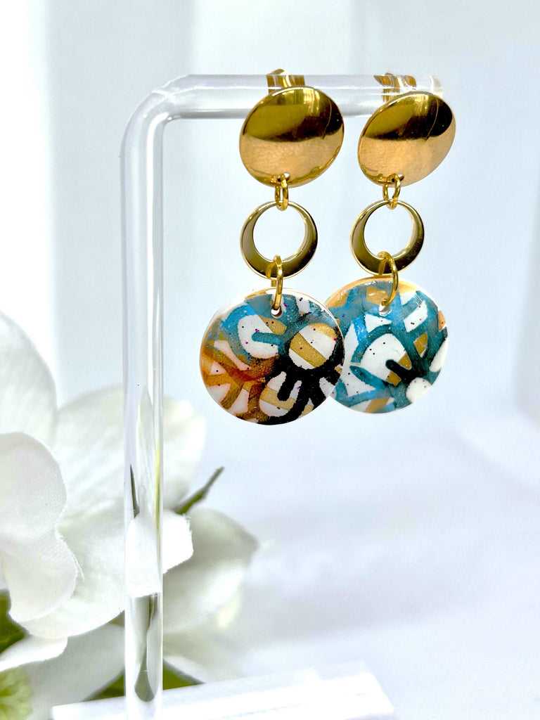 Striking Burnt Teal and Gold Circles with Smooth Flat Studs and Cutout Connector Rings