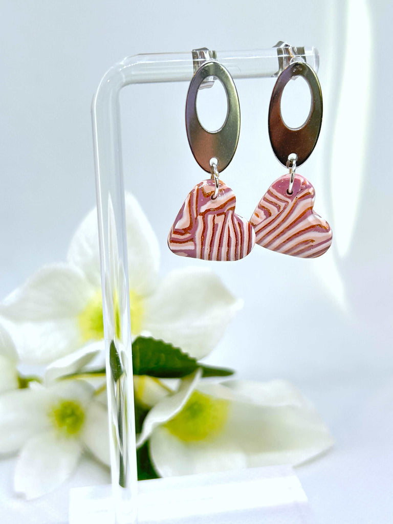 Heart Dangle Earrings with Open Oval Studs Polymer Clay Earrings