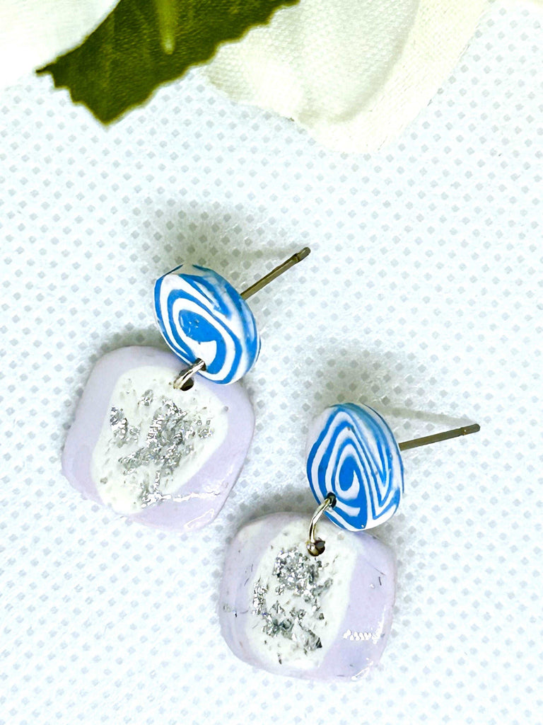 Palest Lavender Polymer Clay Dangles with Silver Glitter and Blue Spiral Studs