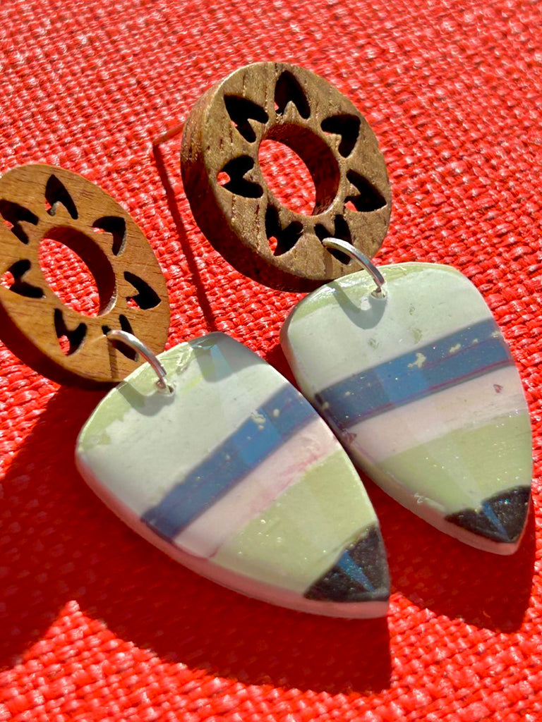 pastel striped polymer clay earrings with wooden sun studs