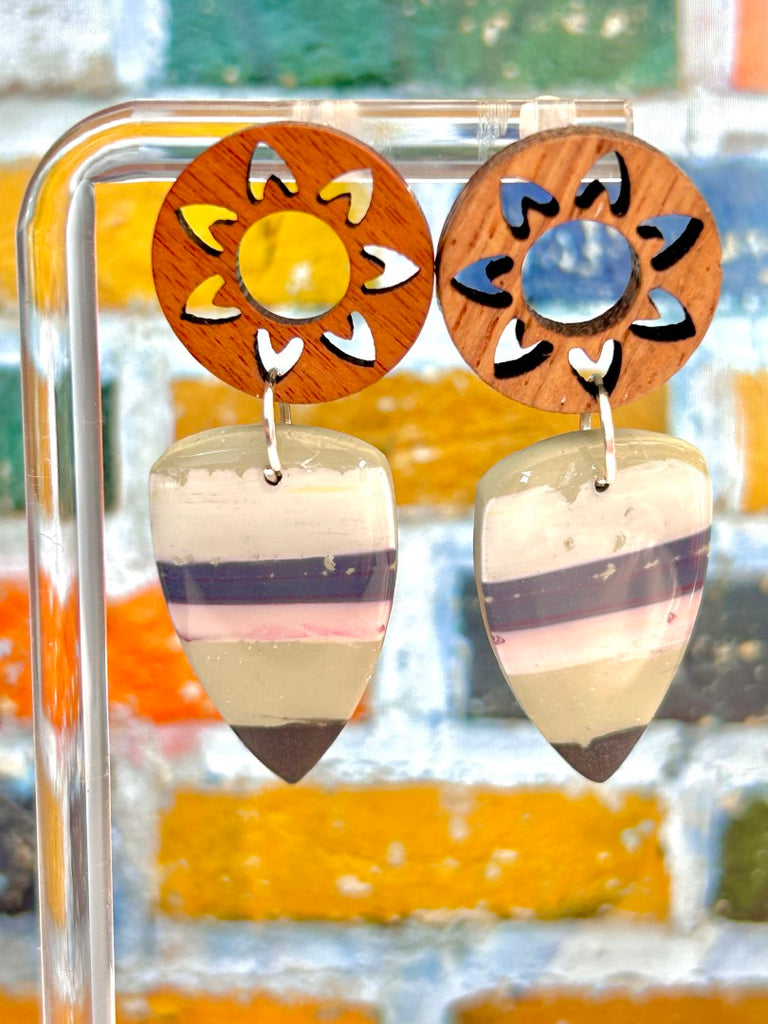 pastel striped polymer clay earrings with wooden sun studs