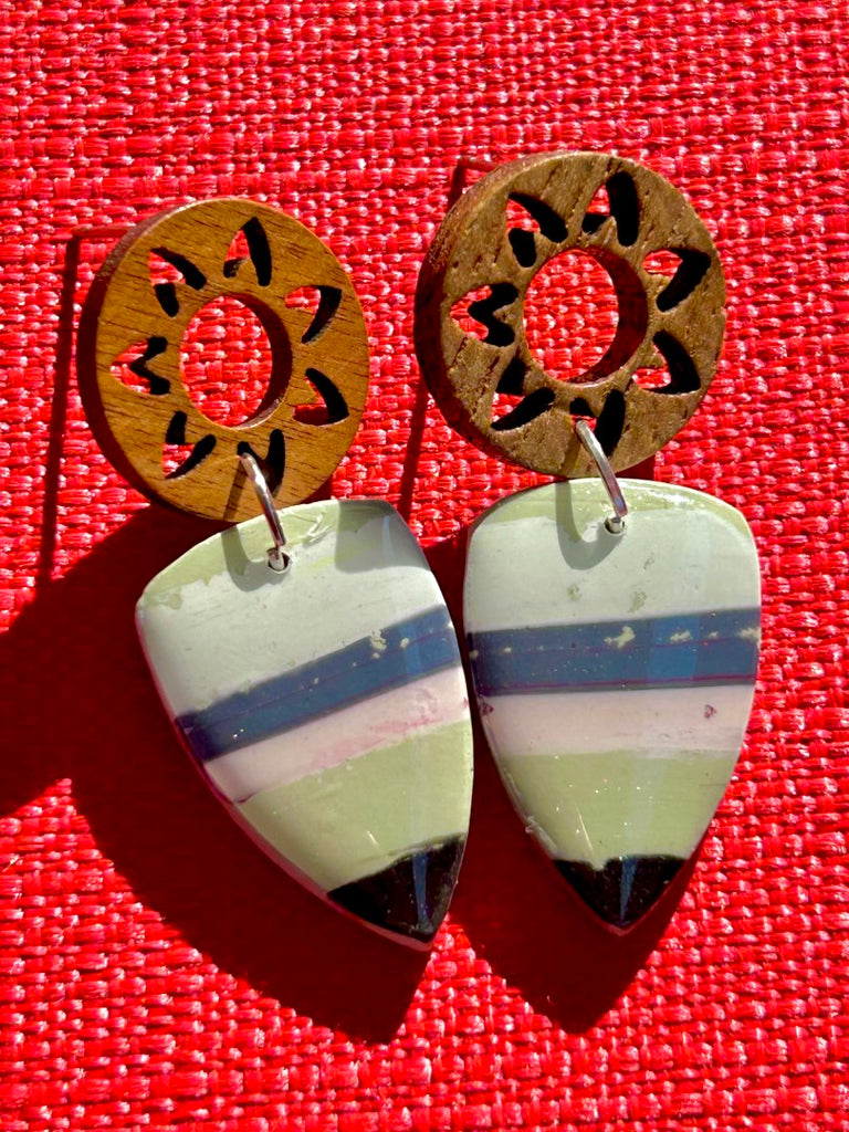 pastel striped polymer clay earrings with wooden sun studs