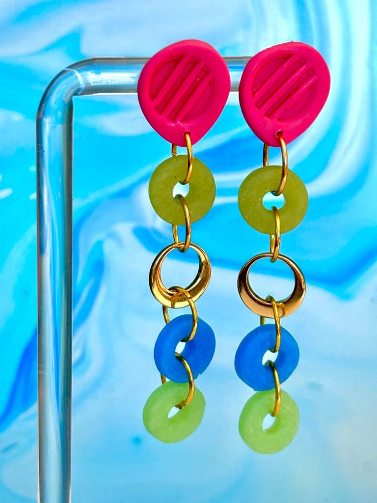 blue, green and gold loops dangling under red studs polymer clay earrings