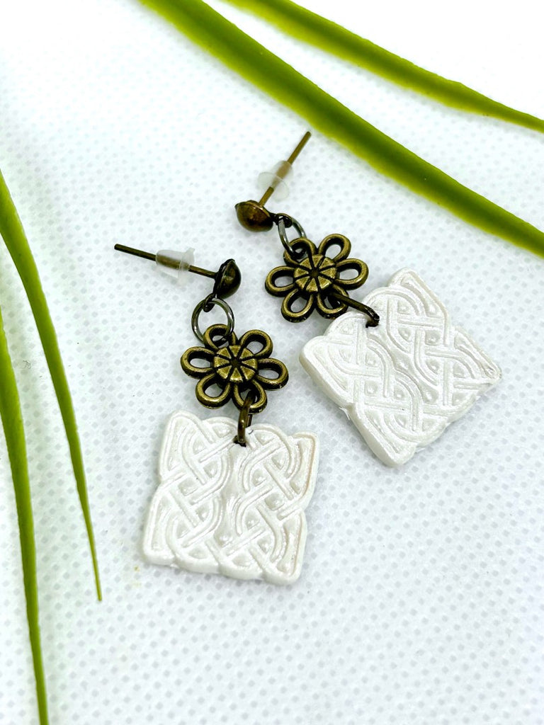 Antique Bronze and White Celtic Polymer Clay Earrings with Flower Connectors