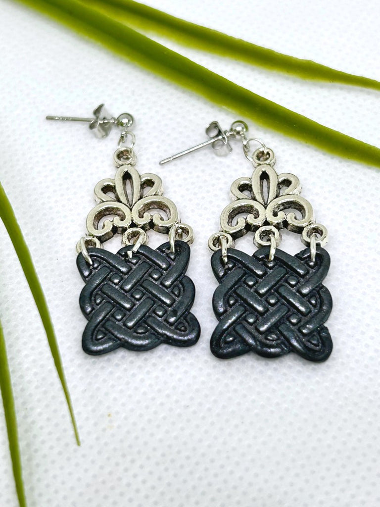 Fancy black and silver celtic polymer clay earrings