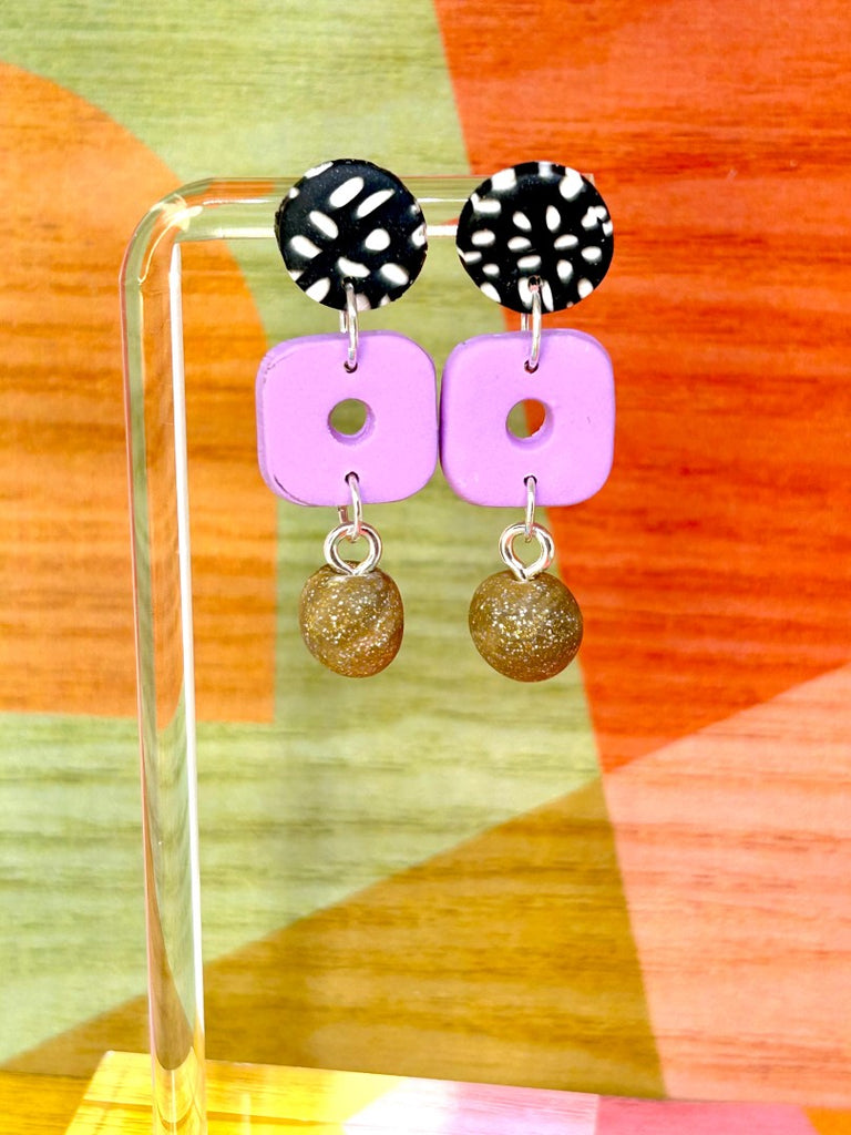 Black and white polka dot and purple polymer clay earrings (3 variations)