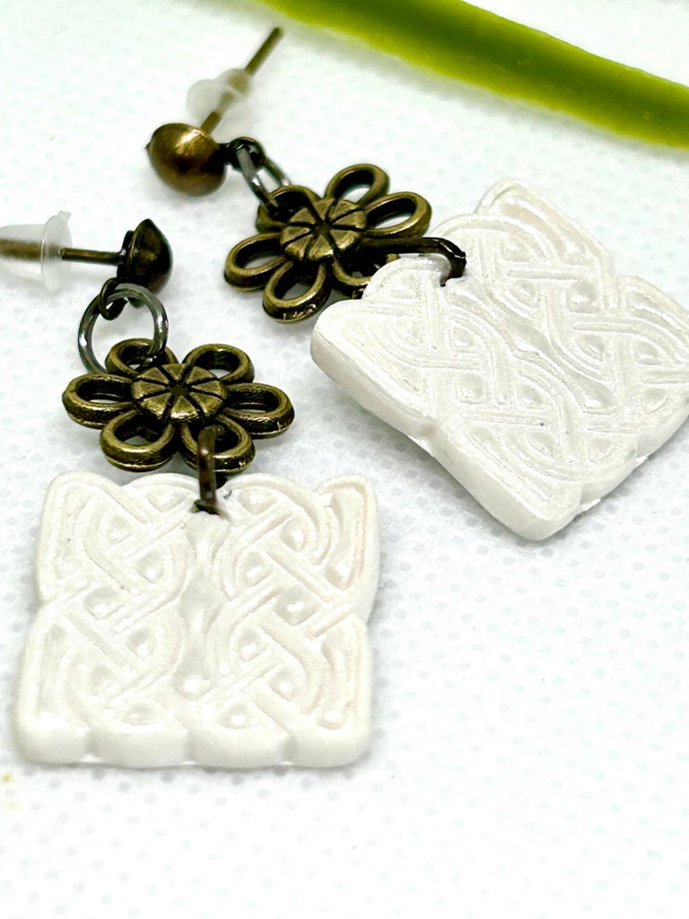 Antique Bronze and White Celtic Polymer Clay Earrings with Flower Connectors