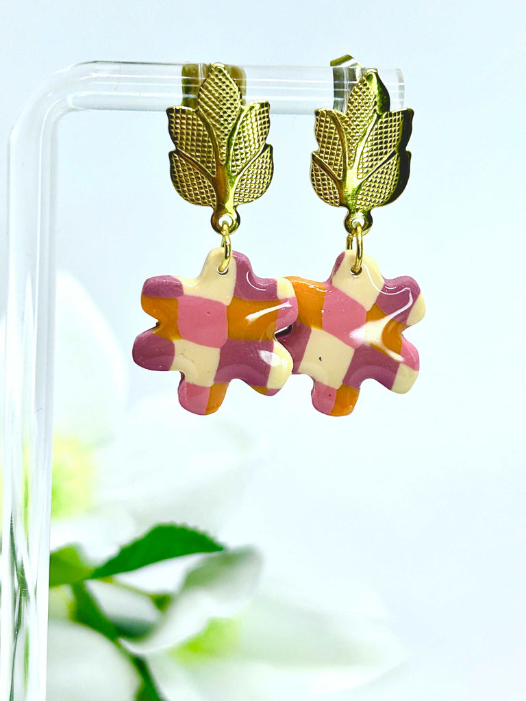 Orange and pink 1960s style polymer clay earrings with golden hardware