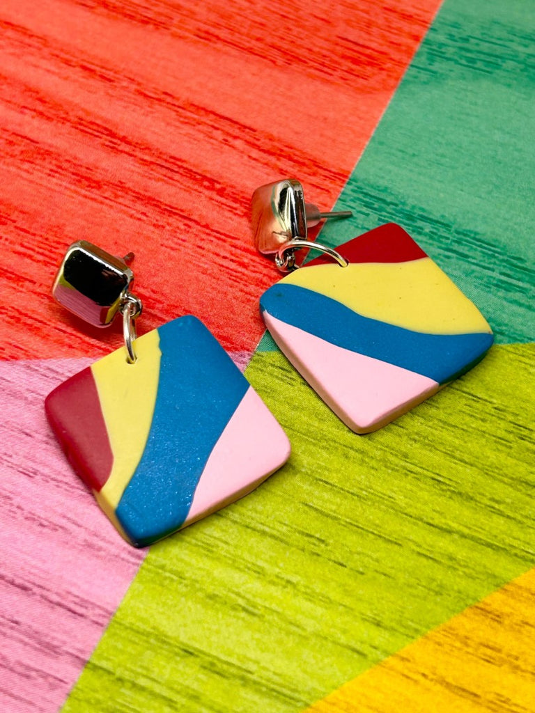 Four-colour Square Polymer Square Earrings