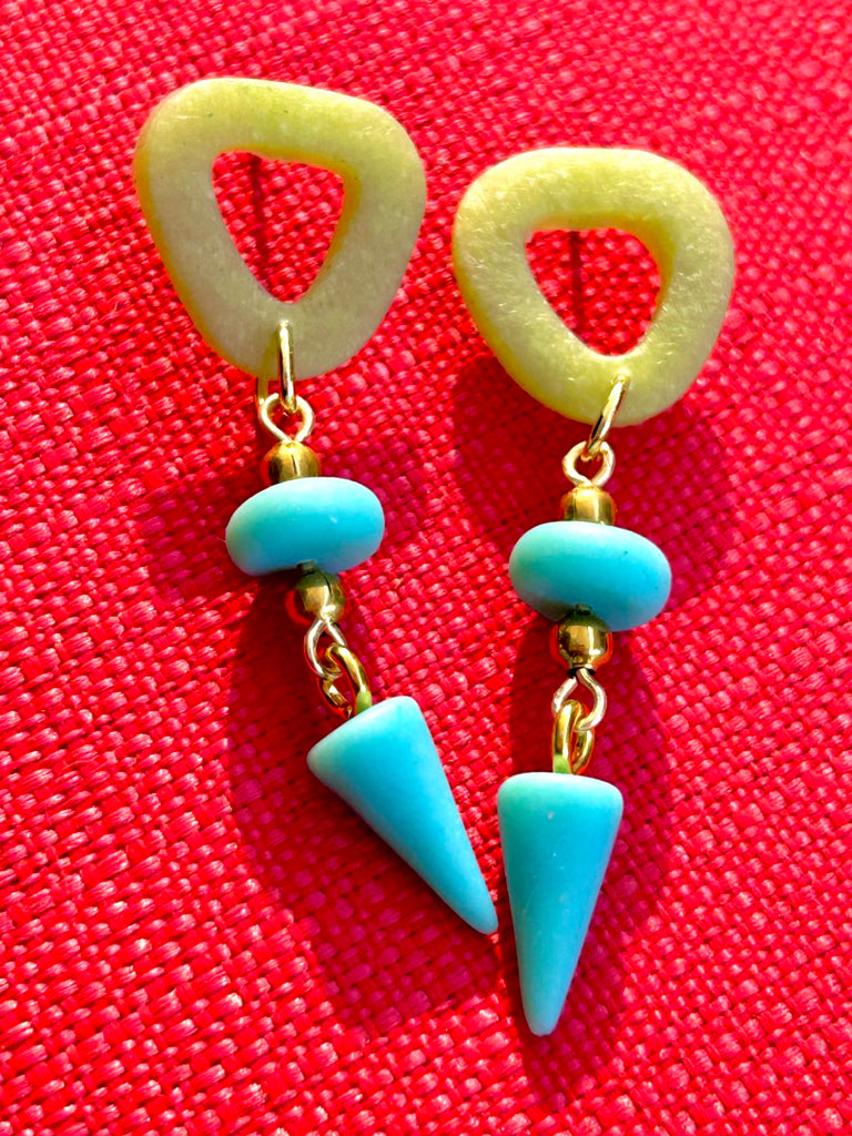 green abstract polymer clay stud earrings with teal bead and cone-shaped dangles