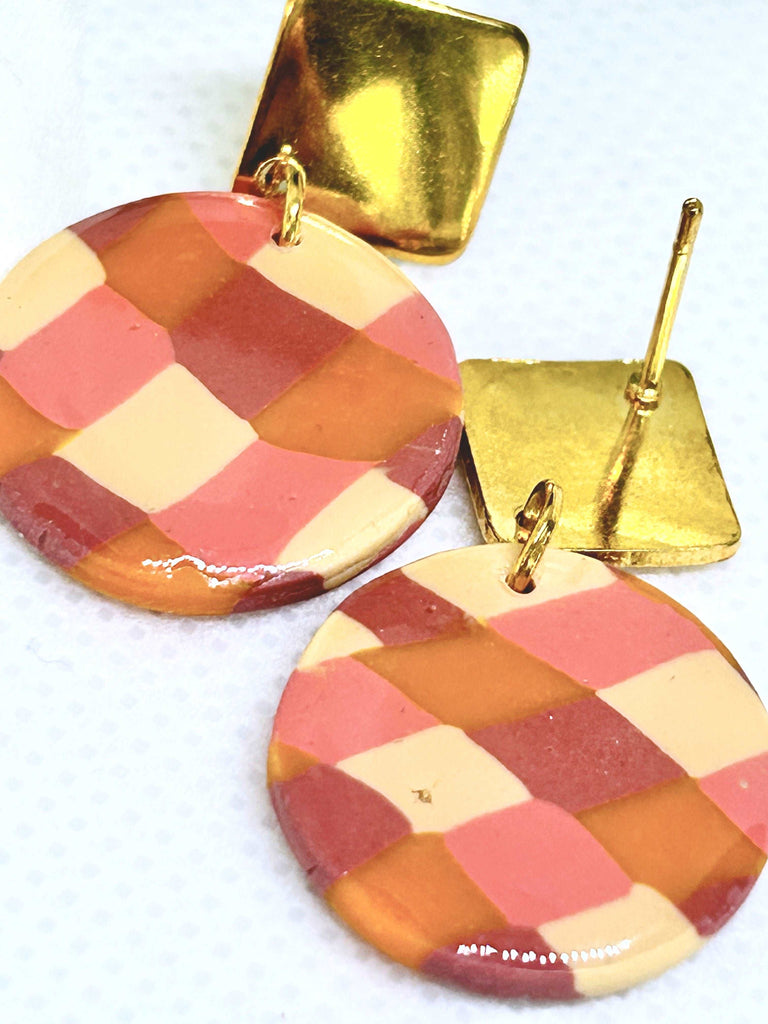 Orange and pink 1960s style polymer clay earrings with golden hardware